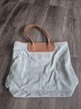 Coldwater Creek Light Blue Floral Tote with Tan Handles